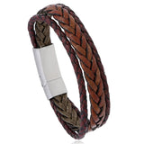 Retro Woven Stainless Steel Men's PU Leather Bracelet Multilayer