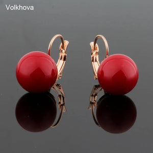 Round Pearl Earrings 585 Rose Copper Drop Earrings For Women Red