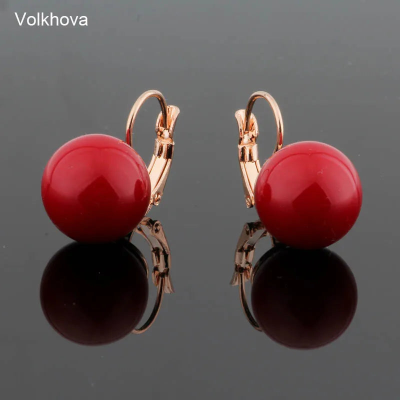 Round Pearl Earrings 585 Rose Copper Drop Earrings For Women Red