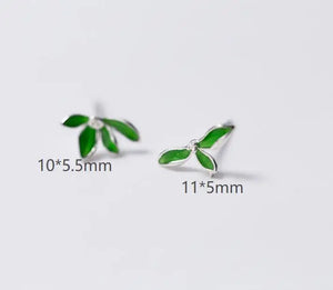 925 Sterling Silver Stud Earrings Green Leaves Earings