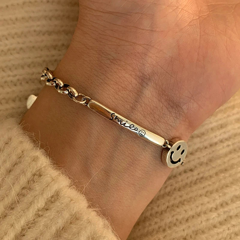 Vintage Thai Silver Smile Face Bracelet Engraved Letter Jewelry
