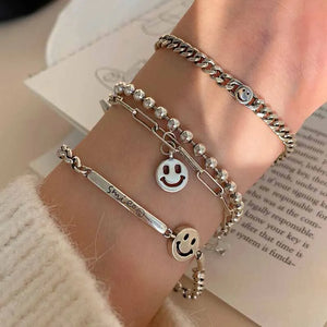 Vintage Thai Silver Smile Face Bracelet Engraved Letter Jewelry