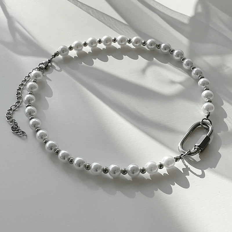 Steel Carabiner Pearl Necklace Men's Hip Hop Style