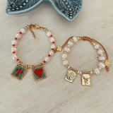 Boho Cross Heart Pearl Charm Bracelet - Dainty Gift