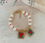 Boho Cross Heart Pearl Charm Bracelet - Dainty Gift