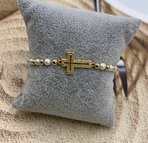 Boho Cross Beaded Bracelet with Pearl Charm
