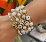 Boho Cross Beaded Bracelet with Pearl Charm