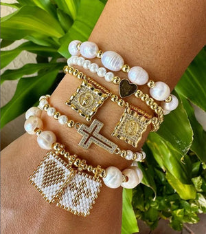 Boho Cross Beaded Bracelet with Pearl Charm
