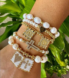 Boho Cross Beaded Bracelet with Pearl Charm