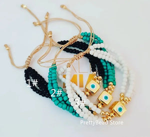 Boho Evil Eye Copper Beaded Rope Charm Bracelet for Girls