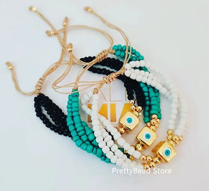 Boho Evil Eye Copper Beaded Rope Charm Bracelet for Girls