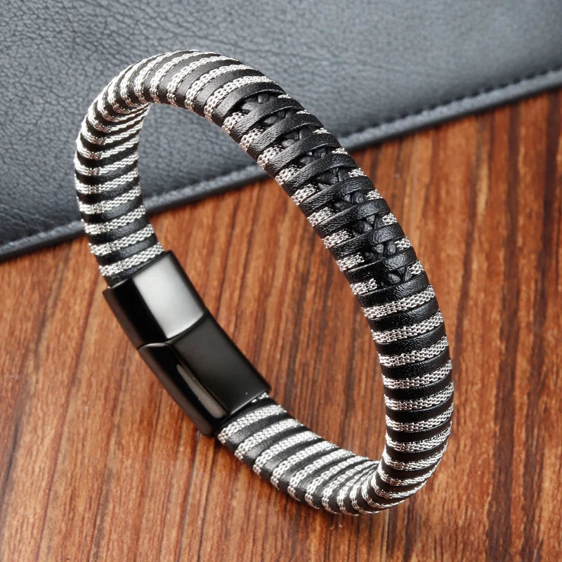 Classic Stainless Steel Men's Leather Bracelet & Bangles Customizable Design