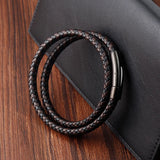 Leather Buckle Stitching Stainless Steel Men's Bracelet