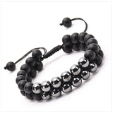 Hematite Frosted Agate Double Row Charm Bracelet for Women Men