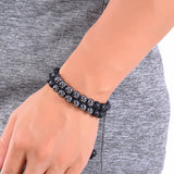 Hematite Frosted Agate Double Row Charm Bracelet for Women Men