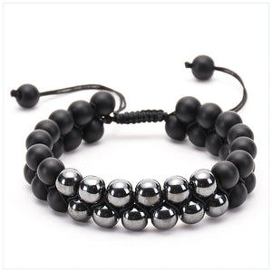 Hematite Frosted Agate Double Row Charm Bracelet for Women Men