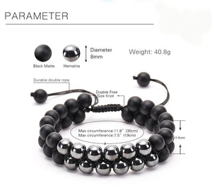 Hematite Frosted Agate Double Row Charm Bracelet for Women Men