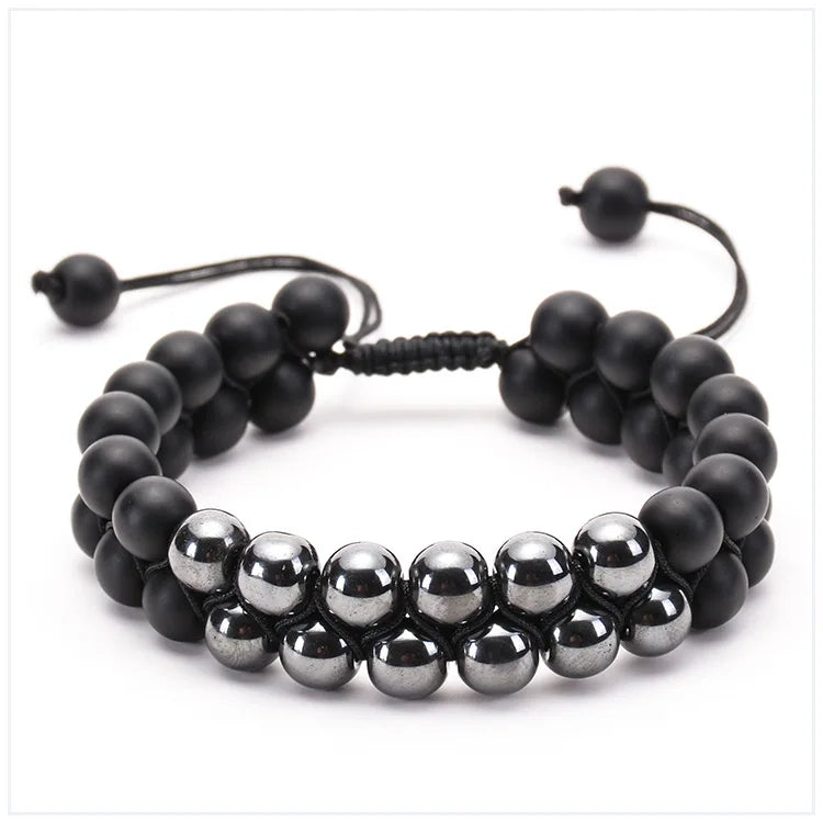 Hematite Frosted Agate Double Row Charm Bracelet for Women Men