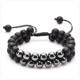 Hematite Frosted Agate Double Row Charm Bracelet for Women Men