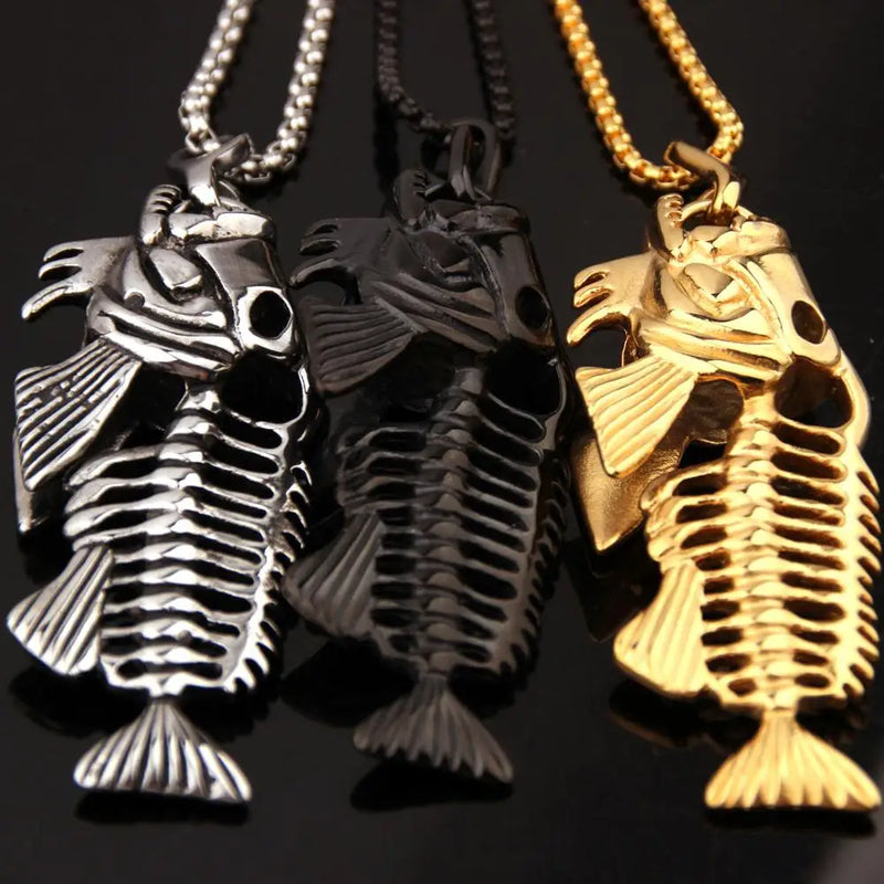 Stainless Steel Fish Bone Skeleton Pendant Necklace 24in