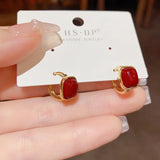 High-End Red Pearl Square Earrings