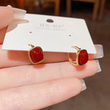 High-End Red Pearl Square Earrings