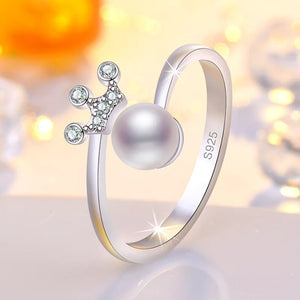Temperament Pearl Crown Opening Rings For Women 925 Sterling Silver Jewelry