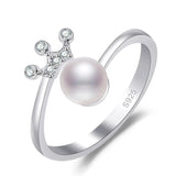 Temperament Pearl Crown Opening Rings For Women 925 Sterling Silver Jewelry
