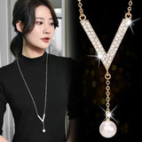 Versatile V Pearl Necklace for Women Crystal Jewelry Bijoux