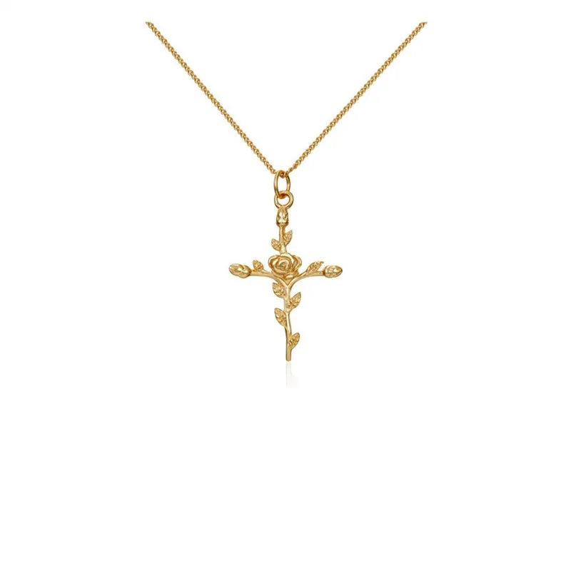 925 Sterling Silver Cross Rose Pendant Necklace
