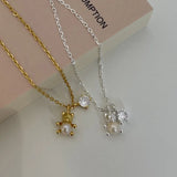 925 Sterling Silver Zircon Bears Pearl Pendant Necklace