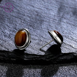 Vintage Rhodochrosite Stud Earrings 925 Sterling Silver Tiger's Eye Jewelry