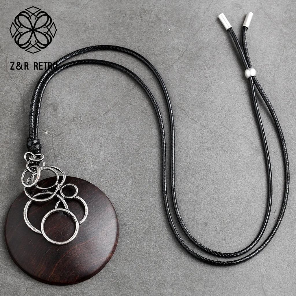 Vintage Wood Sandalwood Necklace Sweater Rope Chain Women Jewelry