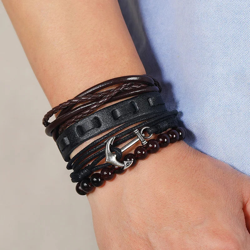 Vintage Woven Anchor Cowhide Bracelet Multi-layer Four in One Bracelet