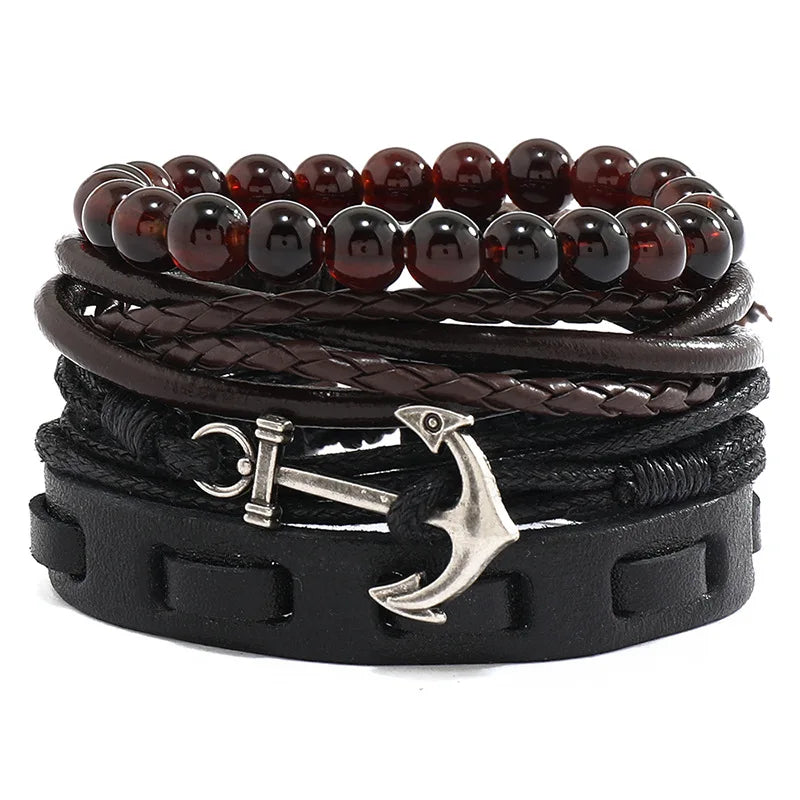 Vintage Woven Anchor Cowhide Bracelet Multi-layer Four in One Bracelet
