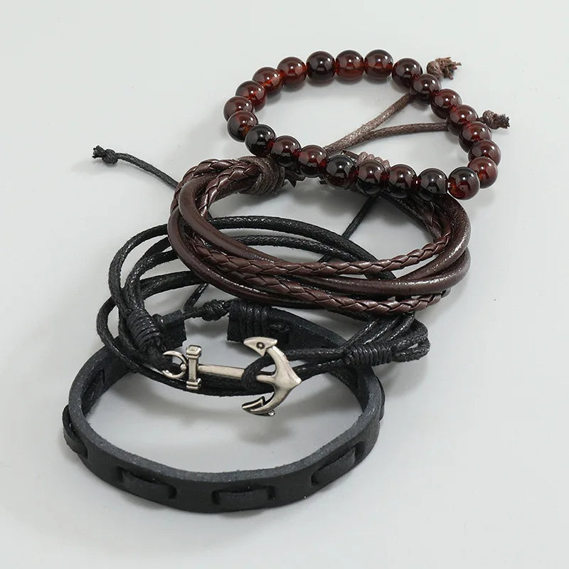 Vintage Woven Anchor Cowhide Bracelet Multi-layer Four in One Bracelet