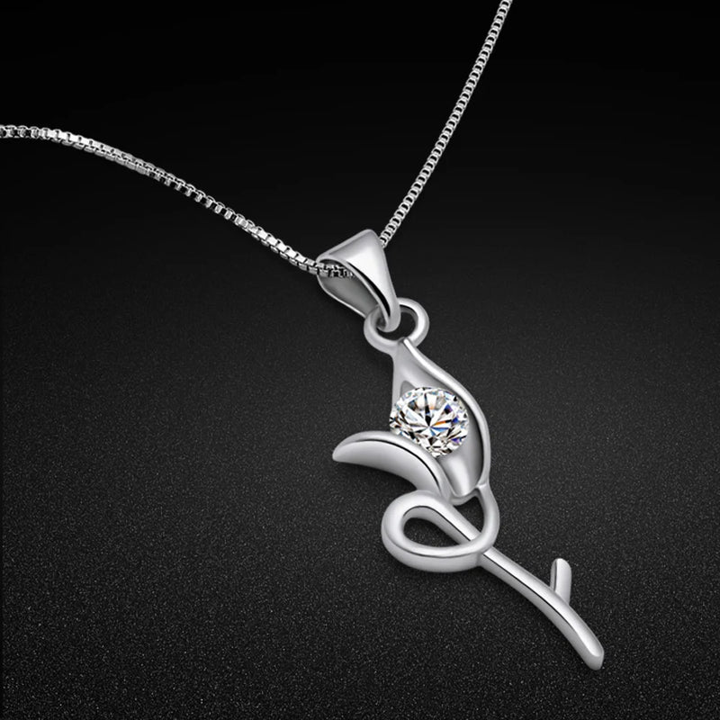 925 Silver Necklace-Zirconia Rose Pendant-OL Style Box Chain 43-46CM