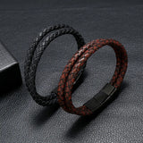 Stylish Woven Stainless Steel Men's PU Leather Bracelet