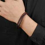 Stylish Woven Stainless Steel Men's PU Leather Bracelet