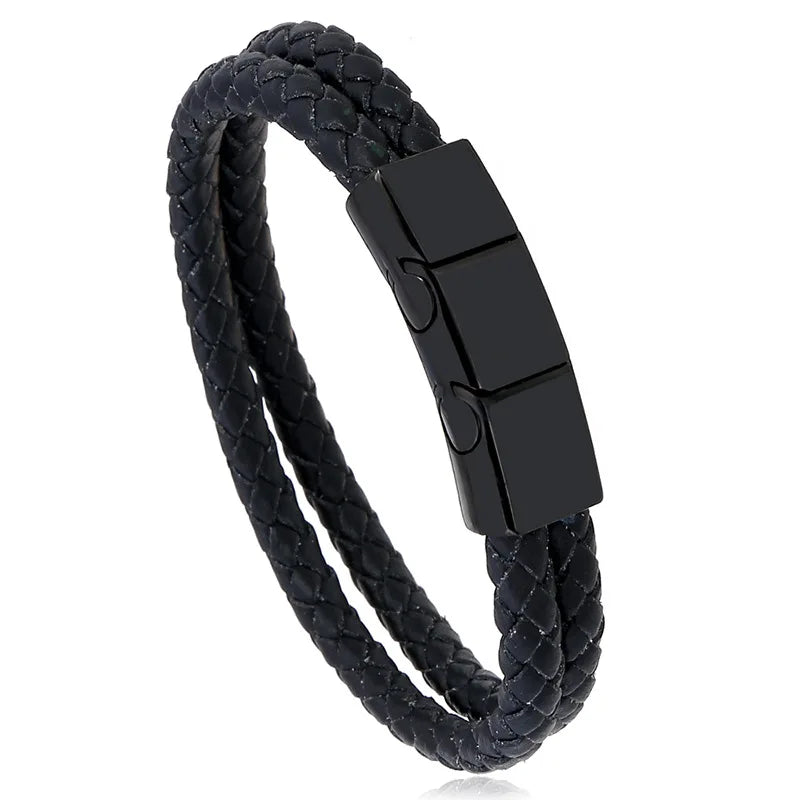 Stylish Woven Stainless Steel Men's PU Leather Bracelet