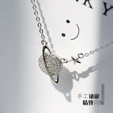 S925 Sterling Silver Planet Necklace with Star Clavicle Chain