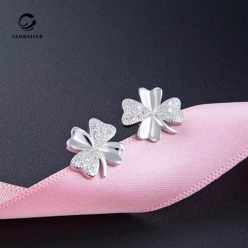 S925 Sterling Silver Four-Leaf Clover Zircon Earrings