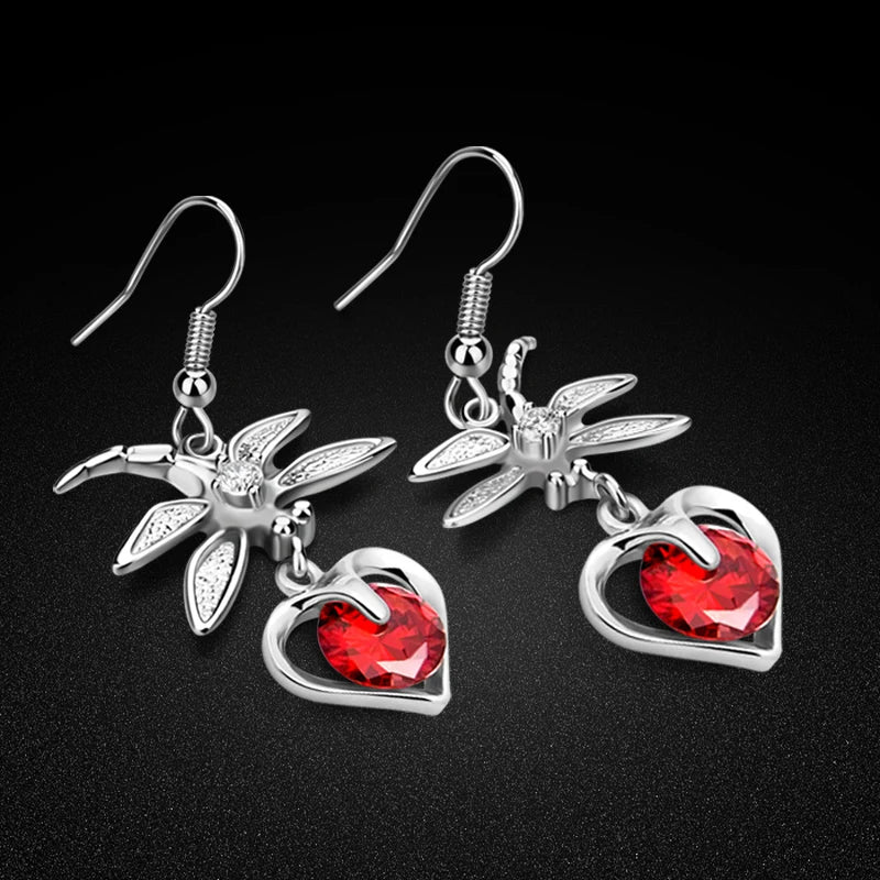 Dragonfly Zircon Sterling Silver Pendant Earrings
