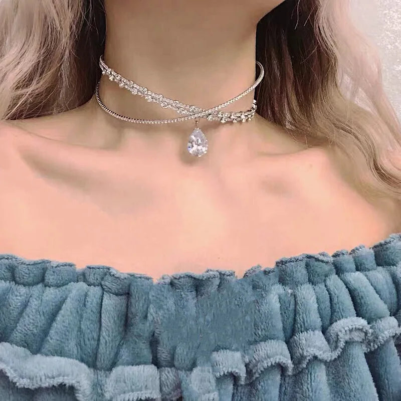 Rhinestone Collar Choker Hairpin Clavicle Chain Necklace