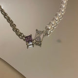 Square Pearl Necklace with Zircon Clavicular Chain