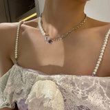 Square Pearl Necklace with Zircon Clavicular Chain