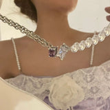 Square Pearl Necklace with Zircon Clavicular Chain