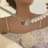 Square Pearl Necklace with Zircon Clavicular Chain