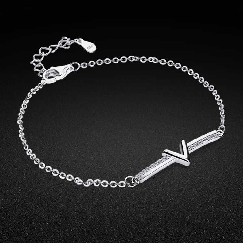 Girl Bracelet 925 Sterling Silver V Letter Pendant Solid Silver Chain