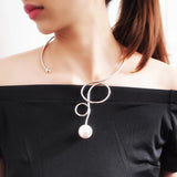 Simulated Pearl Metal Torques Choker Necklace Statement Jewelry